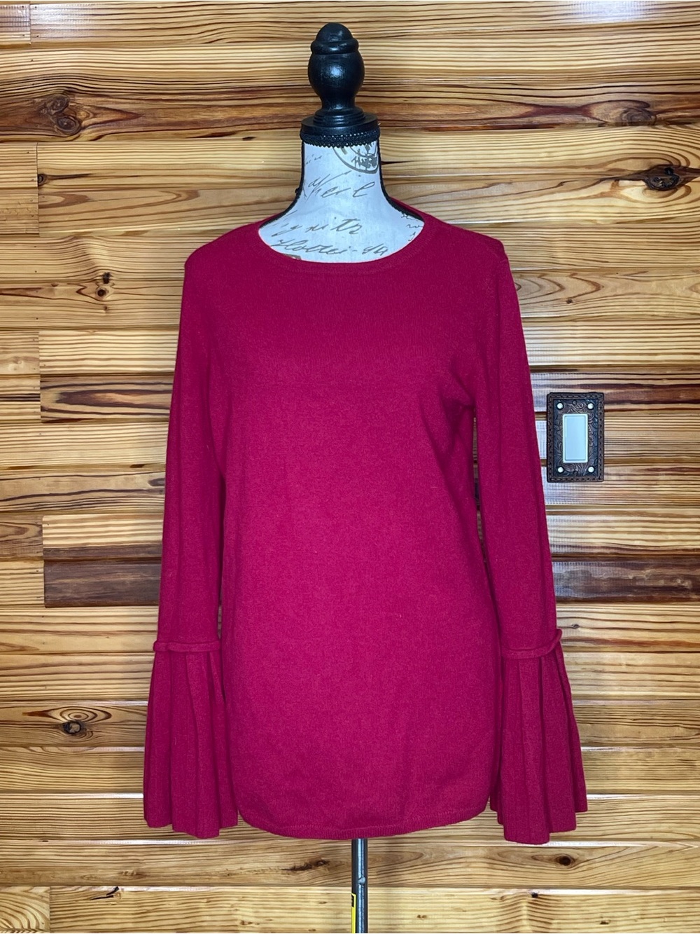 Neiman Marcus Cashmere Ruby Red Long-Sleeve Bell Cuff Top SZ L